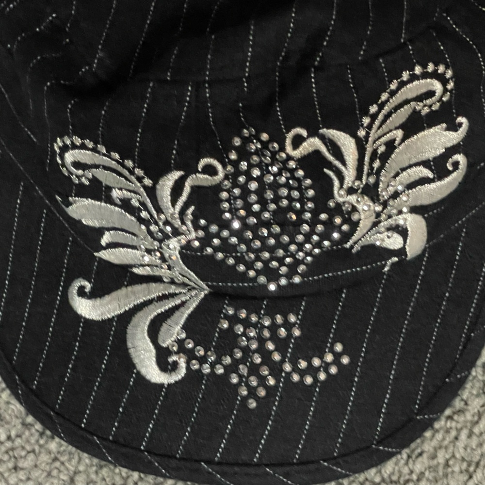 BLACK PIN-STRIPE BLINGY SCALA PRONTO BRIMMED HAT. Embroidered & Rhinestones!